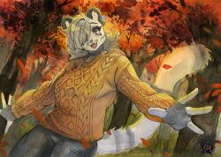  absurd_res anthro autumn clothing ear_piercing felid feline female forest hi_res leaf leggings legwear leopardus mammal murazaki ocelot piercing plant solo sweater topwear tree walking yvette_(kilinah) 