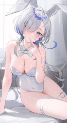  absurdres alternate_costume animal_ear_hairband animal_ears arm_support asymmetrical_legwear bare_shoulders blue_eyes blue_streaks blush bow bowtie breasts cleavage collar covered_navel curtains detached_collar dodari fake_animal_ears female finger_to_mouth hair_behind_ear hair_over_one_eye hairband hebi_(vtuber) highleg highleg_leotard highres indie_virtual_youtuber leaning_to_the_side leotard long_hair looking_at_viewer medium_breasts mole mole_on_arm mole_on_leg multicolored_hair o-ring o-ring_thigh_strap on_bed parted_bangs parted_lips playboy_bunny rabbit_ear_hairband rabbit_ears single_fishnet_legwear sitting solo strapless strapless_leotard streaked_hair thigh_strap virtual_youtuber white_bow white_bowtie white_collar white_hair white_leotard white_nails window 