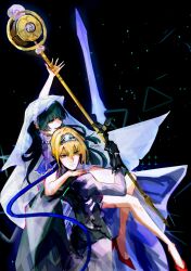  2girls absurdres astra_yao black_gloves blonde_hair carrying commentary earrings energy_sword evelyn_chevalier gloves green_hair hand_on_another&#039;s_shoulder high_heels highres holding holding_staff holding_sword holding_weapon jewelry long_hair multiple_girls princess_carry purple_eyes red_shoes shoes staff sword veil weapon zahauku zenless_zone_zero 