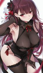  bare_shoulders black_dress black_flower black_gloves black_thighhighs blush bow breasts closed_mouth commentary cowboy_shot dress earrings elbow_gloves female flower girls&#039;_frontline girls&#039;_frontline_2:_exilium gloves groin hair_flower hair_ornament hairbow hand_up highres jewelry large_breasts leaning_forward long_hair looking_at_viewer makiatto_(girls&#039;_frontline_2) no_panties pelvic_curtain purple_hair re0n red_bow red_eyes single_thighhigh solo thighhighs thighs very_long_hair wa2000_(girls&#039;_frontline) 