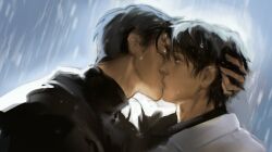  2boys backlighting black_choker black_eyes black_hair black_shirt choker closed_eyes coat collared_shirt glowing grabbing_another&#039;s_hair hand_on_another&#039;s_head kim_dokja kissing macaronijail male_focus multiple_boys omniscient_reader&#039;s_viewpoint portrait rain shirt short_hair wet wet_clothes white_coat yaoi yoo_joonghyuk 