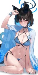 animal_ears arm_up bikini black_eyes black_hair black_nails blue_archive blue_bikini blue_halo blush breasts cat_ears cat_girl cat_tail eel_mizue female floral_print halo highres kikyou_(blue_archive) kikyou_(swimsuit)_(blue_archive) layered_bikini looking_at_viewer medium_breasts multiple_tails nail_polish navel official_alternate_costume short_hair side-tie_bikini_bottom simple_background sitting solo stomach swimsuit tail towel two_tails wet white_background 