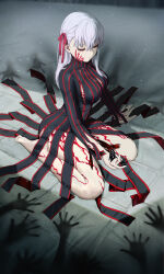  absurdres bare_legs barefoot black_dress body_markings corruption dark_persona dark_sakura dress fate/stay_night fate_(series) feet female hair_ribbon heaven&#039;s_feel highres long_hair matou_sakura red_eyes ribbon shroud_of_martin soles striped_clothes striped_dress tooku0 vertical-striped_clothes vertical-striped_dress white_hair 