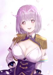  absurdres breasts brown_eyes cleavage cleavage_cutout clothing_cutout collar corset epaulettes female gridman_universe highres hip_vent open_mouth purple_corset purple_hair purple_skirt shinjou_akane shinjou_akane_(new_order) short_hair skirt smile solo ssss.gridman tamago_onrice white_collar 