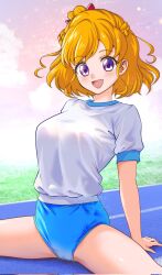  asahina_mirai blonde_hair blue_buruma blush breasts buruma female gradient_background grass gym_shirt gym_uniform highres kakikakilemon large_breasts looking_at_viewer mahou_girls_precure! medium_hair open_mouth outdoors precure purple_eyes running_track shirt short_sleeves smile solo spread_legs white_shirt 