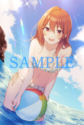  :d ball bare_arms bare_shoulders beachball bikini blue_sky blush breasts collarbone commentary_request crossed_bangs dutch_angle female frilled_bikini frills groin hair_between_eyes holding holding_ball holding_beachball kohinata_iroha_(imouuzai) leaning_forward looking_at_viewer medium_hair navel ocean official_art open_mouth partially_submerged sample_watermark second-party_source side-tie_bikini_bottom sky smile solo sparkle standing strapless strapless_bikini swimsuit tomari_(veryberry00) tomodachi_no_imouto_ga_ore_ni_dake_uzai water watermark white_bikini 