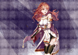  armor black_skirt black_thighhighs book breastplate cape celica_(fire_emblem) choker damaged dress female fingerless_gloves fire_emblem fire_emblem_echoes:_shadows_of_valentia gloves highres holding holding_book long_hair one_eye_closed pain phalc0 princess red_eyes red_hair ryona skirt thighhighs tiara torn_clothes white_armor white_dress 