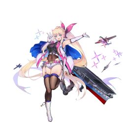  aqua_eyes arm_up armpits b-25_mitchell belt black_bodysuit black_thighhighs blonde_hair bodysuit boots bow breasts coat covered_navel crop_top elbow_gloves female full_body g.h_(gogetsu) gloves hair_ornament hairbow highres hornet_(warship_girls_r) large_breasts leg_up long_hair looking_at_viewer official_alternate_costume official_art open_mouth pink_belt pink_bow ponytail rigging short_shorts shorts sidelocks sleeveless sleeveless_coat solo star_(symbol) star_hair_ornament thighhighs transparent_background v very_long_hair warship_girls_r white_boots white_coat white_gloves white_shorts 