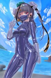 alternate_costume aqua_hat black_ribbon blue_bodysuit blue_sky bodysuit breasts candy day female food garrison_cap gloves grey_hair hair_ornament hat headgear highres holding holding_candy holding_food kantai_collection latex latex_bodysuit lollipop long_hair mask medium_breasts mouth_mask ocean outdoors red_eyes ribbon riretsuto scamp_(kancolle) shiny_clothes skin_tight sky solo standing star_(symbol) star_hair_ornament very_long_hair white_gloves 