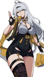  absurdres ahoge asymmetrical_gloves black_gloves black_thighhighs breasts casting_spell cleavage elbow_gloves fingerless_gloves gloves hair_ornament high-waist_shorts highres jacket large_breasts long_hair lucariiio mole mole_on_breast shorts simple_background single_elbow_glove single_hair_intake single_thighhigh smile thighhighs uneven_gloves white_hair yellow_eyes yellow_jacket yin_yang_pin yixuan_(zenless_zone_zero) zenless_zone_zero 