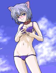  .hack .hack// .hack//dusk .hack//tasogare_no_udewa_densetsu .hack//twilight 1girls animal_ears bikini blue_eyes blush bra breast_squeeze breasts collar earrings female female_only hair hoop_earrings jewelry kotobuki_hajime lowleg lowleg_bikini lowres ouka ouka_(.hack) ouka_(.hack//) pale_skin short_hair silver_hair sky solo standing swimsuit 