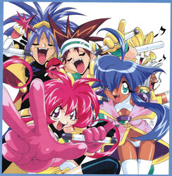  1990s_(style) 3boys 3girls absurdres ahoge aqua_eyes baba_lemonade black_legwear blonde_hair blue_hair blush_stickers border brown_hair cacao_(lamune) closed_eyes da_cider dark-skinned_male dark_skin fangs flipped_hair gloves green_eyes hair_over_one_eye headgear heavy_meta-ko highres holding holding_microphone kotobuki_tsukasa long_hair looking_at_viewer microphone multiple_boys multiple_girls music musical_note narcisst_dandy ng_knight_lamune_&amp;_40 non-web_source oerba_yun_fang official_art open_mouth outstretched_arm parfait_(lamune) pheromone_lip pink_gloves pink_hair pinky_out pq_(lamune) purple_eyes purple_hair red_eyes retro_artstyle scan sidelocks simple_background singing snake tan teeth thighhighs upper_teeth_only v-shaped_eyebrows vs_knight_lamune_&amp;_40_fire w white_hair white_legwear 