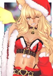  absurdres animal_ear_fluff animal_ears bare_shoulders bell belt blonde_hair blurry blurry_background border breasts choker cleavage collarbone dark-skinned_female dark_skin detached_sleeves energy_wings fate/grand_order fate/grand_order_arcade fate_(series) female fox_ears fox_girl fox_tail fur_trim grin gyaru hat highres large_breasts long_hair looking_at_viewer navel neck_bell one_eye_closed santa_costume santa_hat smile soon_(toruto98) suzuka_gozen_(fate) suzuka_gozen_(santa)_(fate) tail tan v white_border wide_sleeves wings 