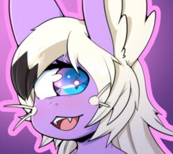  1_eye ambiguous_gender anthro big_eye blue_eyes fan_character fangs fur hair headshot_portrait highlights_(coloring) honky_kat made_in_abyss momochi_(honky_kat) narehate portrait purple_body purple_eyes purple_fur simple_background smile solo teeth whiskers white_hair 