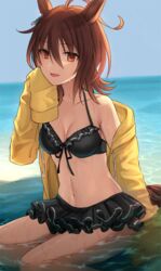  :d agnes_tachyon_(umamusume) ahoge animal_ears bikini bikini_skirt black_bikini breasts brown_eyes brown_hair day female front-tie_bikini_top front-tie_top horse_ears horse_girl horse_tail jacket long_sleeves looking_at_viewer medium_breasts navel nazuka_(mikkamisaki) off_shoulder open_mouth outdoors short_hair sitting sleeves_past_fingers sleeves_past_wrists smile solo swimsuit tail umamusume wading yellow_jacket 