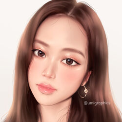  blackpink brown_eyes close-up earrings female forehead jewelry jisoo_(blackpink) k-pop lips long_hair looking_at_viewer portrait real_life realistic simple_background solo umigraphics 