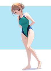  aqua_one-piece_swimsuit arms_behind_back bare_legs barefoot blue_background blush breasts brown_eyes brown_hair closed_mouth collarbone commentary_request competition_swimsuit covered_navel female full_body hair_bun highres hojo_karen idolmaster idolmaster_cinderella_girls leaning_forward looking_at_viewer medium_breasts ninja_toes one-piece_swimsuit pataneet shadow simple_background single_hair_bun single_side_bun smile solo standing swimsuit two-tone_background two-tone_swimsuit white_background 