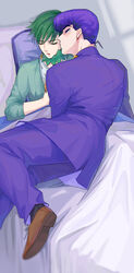  2boys black_hair blush cardigan earrings gakuran green_eyes green_hair hairband headband_around_neck higashikata_josuke highres jewelry jojo_no_kimyou_na_bouken kishibe_rohan kissing kissing_cheek male_focus multiple_boys on_bed pompadour school_uniform sleeping under_covers wuziky00 yaoi 