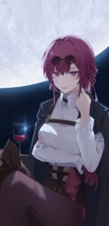  absurdres arm_under_breasts black_jacket breasts collared_shirt commentary cup drinking_glass eyewear_on_head female full_moon gloves gmi_(jimmyovob) hand_up highres honkai:_star_rail honkai_(series) huge_moon jacket jacket_on_shoulders kafka_(honkai:_star_rail) long_hair long_sleeves looking_at_viewer moon pantyhose parted_lips pince-nez purple_eyes purple_gloves purple_hair purple_pantyhose round_eyewear shirt single_glove sitting smile solo white_shirt wine_glass 