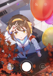  2girls absurdres armband autumn_leaves balloon blue_sailor_collar blue_skirt brown_eyes brown_hair camera chen_clear chinese_commentary commentary_request fake_phone_screenshot fake_screenshot from_above hairband highres holding holding_balloon ios_(os) kita_high_school_uniform looking_up multiple_girls nagato_yuki neck_ribbon partial_commentary purple_hair red_ribbon ribbon sailor_collar school_uniform serafuku short_hair skirt solo_focus suzumiya_haruhi suzumiya_haruhi_no_yuuutsu tongue tongue_out v winter_uniform yellow_hairband 