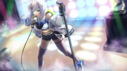  anya_melfissa black_gloves black_shorts blue_eyes blue_hair breasts chibi commentary crop_top english_commentary female fishnets gloves glowstick hair_ornament hairclip highres holding holding_microphone hololive hololive_indonesia jacket kureiji_ollie large_breasts long_hair long_sleeves looking_at_viewer microphone microphone_stand multicolored_hair off_shoulder official_alternate_costume open_mouth pavolia_reine pavolia_reine_(streetwear) shoes short_shorts shorts single_thighhigh sneakers solo_focus stage stage_lights takuyarawr thigh_strap thighhighs two-tone_hair virtual_youtuber white_hair white_jacket |_| 