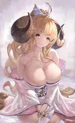  absurdres ahoge alternate_hairstyle anila_(granblue_fantasy) anila_(yukata)_(granblue_fantasy) bare_shoulders blonde_hair blunt_bangs bow breasts closed_mouth collarbone commentary_request draph female granblue_fantasy hairbow hand_fan highres horns japanese_clothes kimono large_breasts long_hair looking_at_viewer obi off_shoulder ponytail sash sheep_horns short_eyebrows short_kimono short_yukata simple_background smile solo thick_eyebrows white_bow white_kimono wide_sleeves yellow_eyes yu_pian yukata 