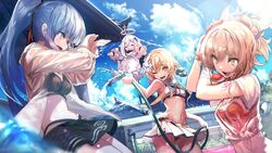  4girls akieda blonde_hair blue_sky blush breasts flower genshin_impact hair_flower hair_ornament highres kamisato_ayaka large_breasts long_hair lumine_(genshin_impact) medium_hair multiple_girls open_mouth outdoors paimon_(genshin_impact) romper sidelocks sky smile thighs white_romper yellow_eyes yoimiya_(genshin_impact) 