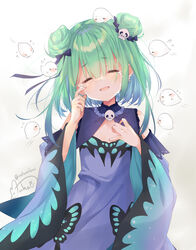  :d ^_^ blue_bow blue_dress blue_hair blue_sleeves blush bow closed_eyes commentary_request crying detached_sleeves double_bun dress facing_viewer fandead_(uruha_rushia) female flying_sweatdrops gradient_hair green_hair grey_background hair_between_eyes hair_bun hair_ornament hairbow hands_up head_tilt highres hololive juliet_sleeves long_sleeves medium_hair mocha_(naturefour) multicolored_hair puffy_sleeves signature skull_hair_ornament sleeveless sleeveless_dress smile solo tears twitter_username uruha_rushia uruha_rushia_(1st_costume) virtual_youtuber white_background wide_sleeves 