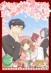  2boys alfred_(papakoi) black_hair blue_hair blunt_bangs blush book brown_hair cherry_blossoms closed_eyes cookie cup female flower food formal glasses green_eyes hairband hand_on_own_chin head_rest highres holding holding_book holding_cup honey kinoshita_sakura koisuru_ojou-sama_wa_papa_to_yobitakunai lolicon lolita_fashion lolita_hairband long_hair multiple_boys official_art outdoors pancake pancake_stack petals pink_flower puffy_sleeves reading sakaki_karen short_hair sitting sitting_on_lap sitting_on_person smile suit sweet_lolita tea teacup teapot waiter wavy_hair yahiro_masamune 