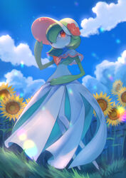  bonnet capelet closed_mouth cloud colored_skin commentary day female flower from_below gardevoir gardevoir_(fashionable) grass hand_on_headwear hand_up highres kikuyoshi_(tracco) looking_at_viewer orange_eyes outdoors pokemon pokemon_(creature) pokemon_unite signature sky smile solo standing sunflower white_skin 