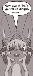  ambiguous_gender anthro english_text first_person_view fluffy_ear greyscale hair headpiece hi_res honky_kat horizontal_pupils long_ears long_hair made_in_abyss monochrome nanachi narehate open_mouth pupils smile solo speech_bubble text whiskers 