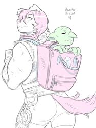  2019 3:4 ambiguous_gender anthro backpack blattarieva canid canine canis carrying_another carrying_partner carrying_person clothed clothing denki domestic_dog duo goblin hi_res humanoid kanak mammal simple_background size_difference 