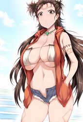  bare_shoulders beads bikini bikini_top_only blue_shorts breasts brown_eyes brown_hair cleavage collarbone contemporary denim denim_shorts drawstring facial_mark fate/grand_order fate_(series) female forehead forehead_mark highres himiko_(fate) himiko_(tour_outfit)_(fate) hood hooded_vest hoodie jewelry large_breasts long_hair looking_at_viewer magatama magatama_necklace navel necklace open_fly orange_vest short_shorts shorts skindentation solo swimsuit topknot tsukasawa_takamatsu twintails vest white_bikini 