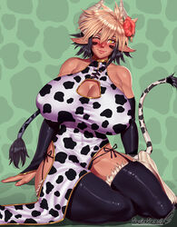  animal_ears animal_print bare_shoulders black_hair black_panties black_thighhighs blonde_hair blush breasts cathyl china_dress chinese_clothes cleavage_cutout closed_mouth clothing_cutout collarbone cow_girl cow_print cow_tail detached_sleeves dress facial_mark female flower green_background hair_flower hair_ornament highres horns huge_breasts lips looking_at_viewer monster_girl monster_musume_no_iru_nichijou multicolored_hair one_eye_closed panties pashapencil print_dress shiny_clothes side-tie_panties sitting smile solo spotted_tail tail thick_thighs thighhighs thighs thong two-tone_hair underwear yellow_eyes 