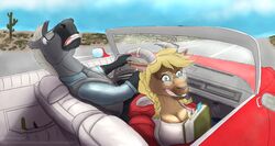  anthro big_breasts book bovid braided_hair breasts caprine car cleavage clothed clothing duo equid equine eyewear female frans_gulbrand glasses goat hair heidi_zwicky hi_res horn horse inside_car male male/female mammal oneflymagpie vehicle 