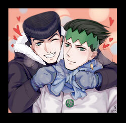  2boys bad_id bad_pixiv_id black_hair blue_skirt bow coat diamond_wa_kudakenai earrings fur-trimmed_coat fur_trim green_eyes green_hair headband heart higashikata_josuke highres jewelry jojo_no_kimyou_na_bouken kishibe_rohan male_focus mittens multiple_boys one_eye_closed peace_symbol pompadour purple_hair scarf scarf_bow skirt winter_clothes wuziky00 