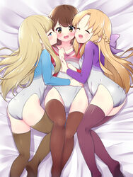  3girls ass athletic_leotard blonde_hair braid brown_eyes brown_hair brown_legwear chloe_lemaire closed_eyes commentary_request commission crown_braid feet_out_of_frame girlfriend_(kari) gymnastics gymnastics_ribbon hazumi_otoya highres leotard long_hair long_sleeves looking_at_viewer lying matching_outfits multiple_girls pixiv_commission rhythmic_gymnastics sasahara_nonoka shiina_kokomi short_hair thighhighs yuri 