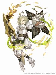  1boy :o ahoge armor armored_boots belt boots breastplate chains crossdressing faulds full_body gauntlets green_eyes green_hair ji_no knee_pads long_nose looking_at_viewer maid_headdress male_focus official_art otoko_no_ko pinocchio_(sinoalice) plate_armor polearm shield shoulder_armor sinoalice solo square_enix teeth tongue tongue_out upper_teeth_only weapon weapon_request white_background 