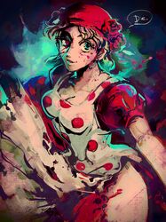  apron bad_id bad_pixiv_id bandana blonde_hair blood blood_on_face blue_eyes chocoblood dark_persona dress esidisi female heterochromia highres jojo_no_kimyou_na_bouken polka_dot polka_dot_apron red_dress red_eyes solo suzi_q 