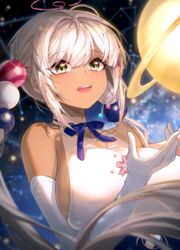  :d absurdres ahoge bow breasts brown_eyes constellation cygnus_(constellation) dark-skinned_female dark_skin elbow_gloves female gloves hair_ornament highres hololive hololive_english huge_breasts large_breasts libra_(constellation) long_hair looking_at_viewer md5_mismatch open_mouth planet planet_hair_ornament polla sagittarius_(constellation) sideboob sleeveless smile solo starry_background teeth tsukumo_sana tsukumo_sana_(1st_costume) twintails twitter_username upper_teeth_only ursa_major_(constellation) very_long_hair virtual_youtuber white_hair 