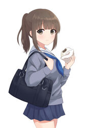  bag baozi blue_neckerchief blue_skirt blunt_bangs blush brown_eyes brown_hair closed_mouth commentary_request duffel_bag expressionless female food furutori highres holding holding_food long_sleeves looking_at_viewer neckerchief original pleated_skirt ponytail school_uniform serafuku short_hair sidelocks simple_background skirt white_background 