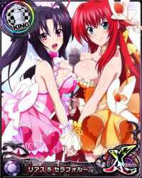  2girls ahoge bare_shoulders black_hair blue_eyes bow breasts card_(medium) chess_piece dress hair_between_eyes high_school_dxd high_school_dxd_cross holding_hands interlocked_fingers king_(chess) large_breasts long_hair looking_at_viewer microphone microphone_stand multiple_girls official_art open_mouth purple_eyes red_hair rias_gremory serafall_leviathan sleeveless smile tongue twintails 