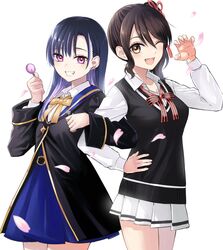  2girls ;d aria_aquarius black_hair black_jacket blue_hair blue_skirt bow bowtie breasts brown_eyes brown_hair candy candy_earrings claw_pose cleavage collared_shirt commentary_request crossover dahlia_academy_boarding_school_uniform dress_shirt food grin highres holding holding_candy holding_food holding_lollipop jacket kishuku_gakkou_no_juliet komai_hasuki kuroneko_to_majo_no_kyoushitsu locked_arms lollipop long_hair long_sleeves multiple_girls natsupa oerba_yun_fang one_eye_closed petals pink_hair pleated_skirt puffy_long_sleeves puffy_sleeves purple_eyes school_uniform shirt side_ponytail simple_background skirt small_breasts smile sweater_vest white_background white_shirt white_skirt 