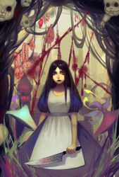  alice:_madness_returns alice_liddell_(american_mcgee&#039;s_alice) american_mcgee&#039;s_alice apron black_hair blood breasts castle closed_mouth dress female highres knife lipstick long_hair looking_at_viewer makeup mushroom puffy_sleeves solo wei_li 