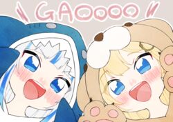  2girls absurdres animal_hands animal_hood blonde_hair blue_eyes blue_hair blue_hoodie blush chibi commentary_request english_text flippers gawr_gura gawr_gura_(1st_costume) gloves grey_background grey_hair hair_ornament hands_up highres hololive hololive_english hood hood_up hoodie lion_hood looking_at_viewer multicolored_hair multiple_girls neru_(flareuptf1) open_mouth paw_gloves shark_hood sharp_teeth simple_background streaked_hair teeth tongue upper_body upper_teeth_only virtual_youtuber watson_amelia yellow_hoodie 