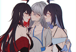  3girls ahoge bare_shoulders blue_nails blush bronya_zaychik bronya_zaychik_(outstanding_attitude)_(honkai_impact) bronya_zaychik_(silverwing:_n-ex) collarbone colored_inner_hair commentary couple crossed_bangs dual_persona earrings english_commentary furrowed_brow grey_eyes grey_hair grey_shirt hand_on_another&#039;s_arm hand_on_another&#039;s_neck hand_on_another&#039;s_shoulder honkai_(series) honkai_impact_3rd id_card jewelry long_sleeves looking_at_another multicolored_hair multiple_girls office_lady official_alternate_costume red_eyes red_hair red_nails removing_jacket seele_(alter_ego) seele_vollerei seele_vollerei_(herrscher_of_rebirth) seele_vollerei_(starchasm_nyx) shirt sieka_(piiroinardesco) simple_background smile teeth upper_teeth_only white_shirt yuri 