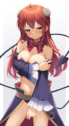  absurdres bare_shoulders blush bow bowtie breasts cleavage commentary covering_breasts covering_crotch covering_privates crisis_management_form_(machimazo) curled_horns demon_girl demon_tail detached_collar detached_sleeves embarrassed female frilled_sleeves frills highres horns hozuka large_breasts long_hair long_sleeves long_tail looking_at_viewer machikado_mazoku navel orange_eyes red_bow red_bowtie red_hair revealing_clothes simple_background solo tail wavy_mouth white_background wide_sleeves yoshida_yuuko_(machikado_mazoku) 