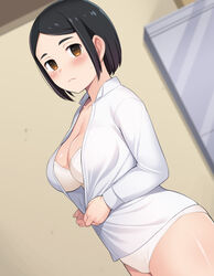  black_hair blush bra breasts brown_eyes cleavage dutch_angle female frown honda_naoki indoors koyuki_(kyuuketsuki_sugu_shinu) kyuuketsuki_sugu_shinu large_breasts looking_at_viewer open_clothes open_shirt panties shirt short_hair solo standing sweatdrop underwear undressing white_bra white_panties white_shirt 