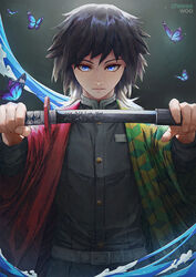  1boy artist_name belt belt_buckle black_hair black_pants black_shirt blue_butterfly blue_eyes buckle bug butterfly cheesewoo closed_mouth demon_slayer_uniform engraved expressionless haori highres holding holding_sword holding_weapon jacket japanese_clothes katana kimetsu_no_yaiba long_hair looking_at_viewer male_focus multicolored_clothes multicolored_jacket pants scabbard sheath shirt solo sword sword_writing tomioka_giyuu translation_request unsheathing upper_body water weapon 