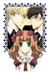  2boys :o blonde_hair blue_eyes blunt_bangs bow brown_hair curly_hair female formal glasses green_eyes hairbow hands_on_own_cheeks hands_on_own_face highres kinoshita_sakura koisuru_ojou-sama_wa_papa_to_yobitakunai lolicon lolita_fashion long_hair multiple_boys noah_(papakoi) puffy_short_sleeves puffy_sleeves sakaki_karen short_hair short_sleeves striped striped_bow suit yahiro_masamune 